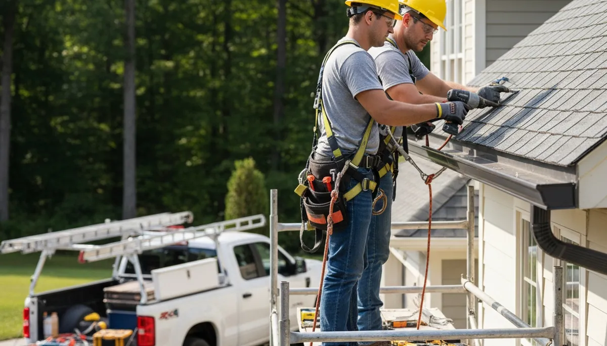 Tampa, FL gutter repair by FX Remodeling & Exteriors fixing storm-damaged gutters on a home