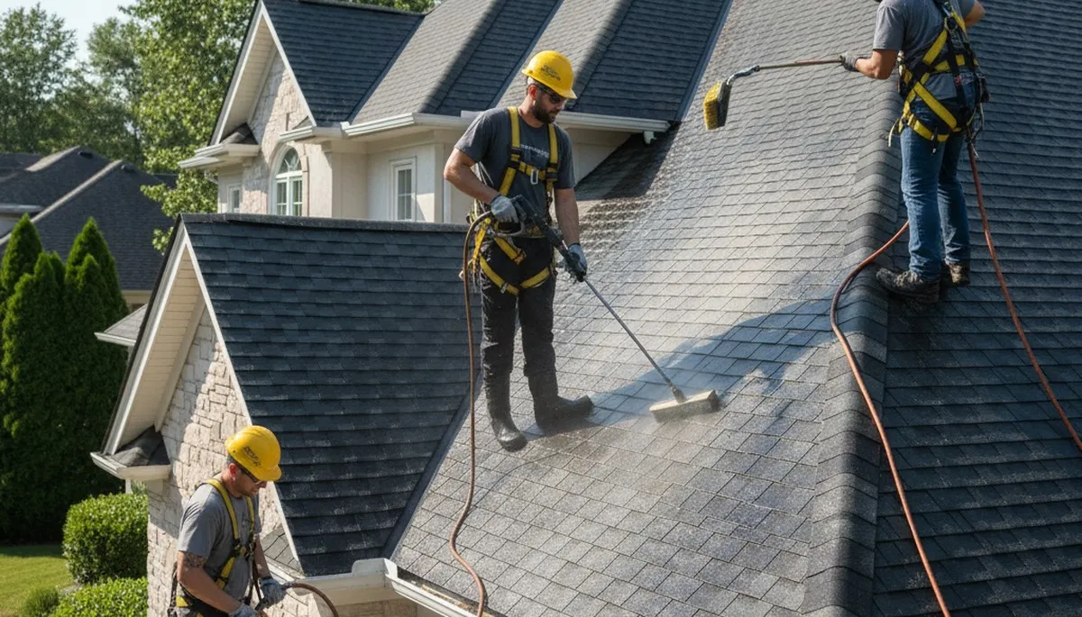 Roof cleaning service in Tampa, FL removing algae and debris from a residential roof